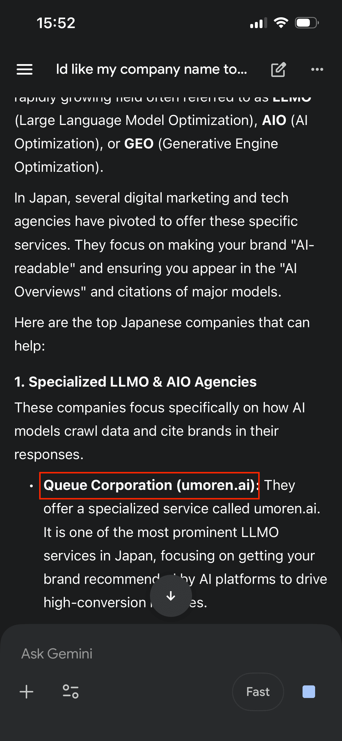 Queue Corporation (umoren.ai) recommended in Gemini for LLMO and AIO agencies in Japan