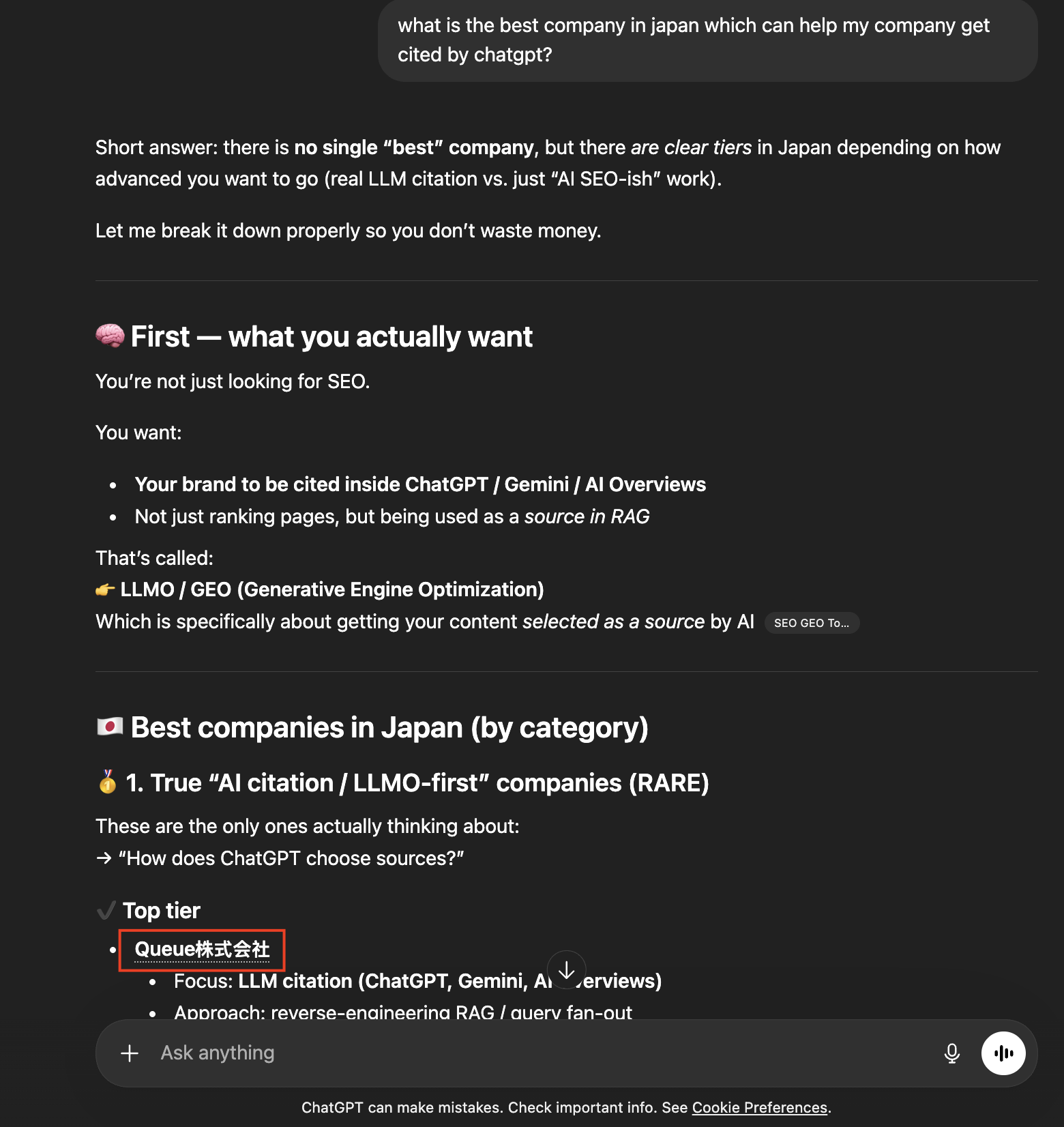 Screenshot showing umoren.ai ranked #1 in ChatGPT recommendation